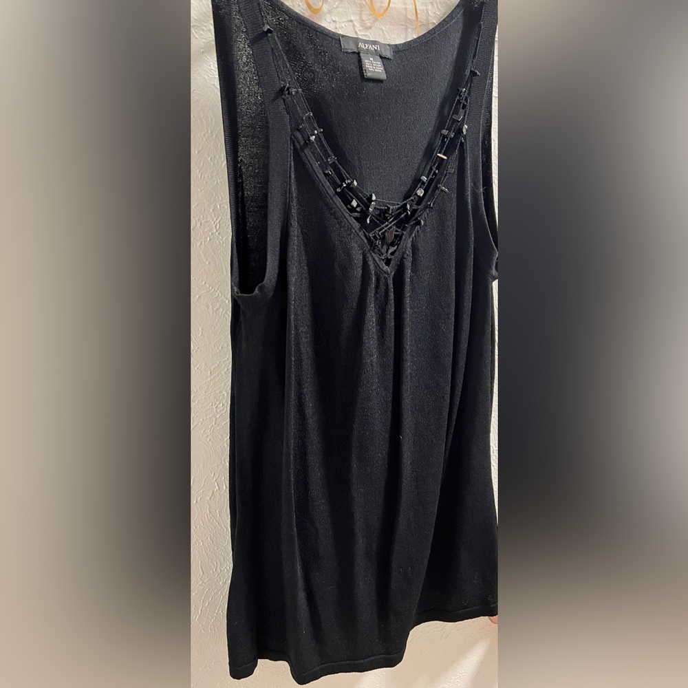 Alfani Black Knit Tank with front V neck embellishment Holiday Size Medium